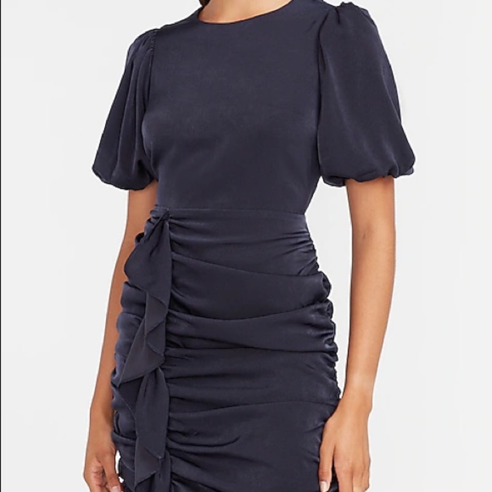NWOT Express Puff Sleeve Runched Ruffle Dress XS